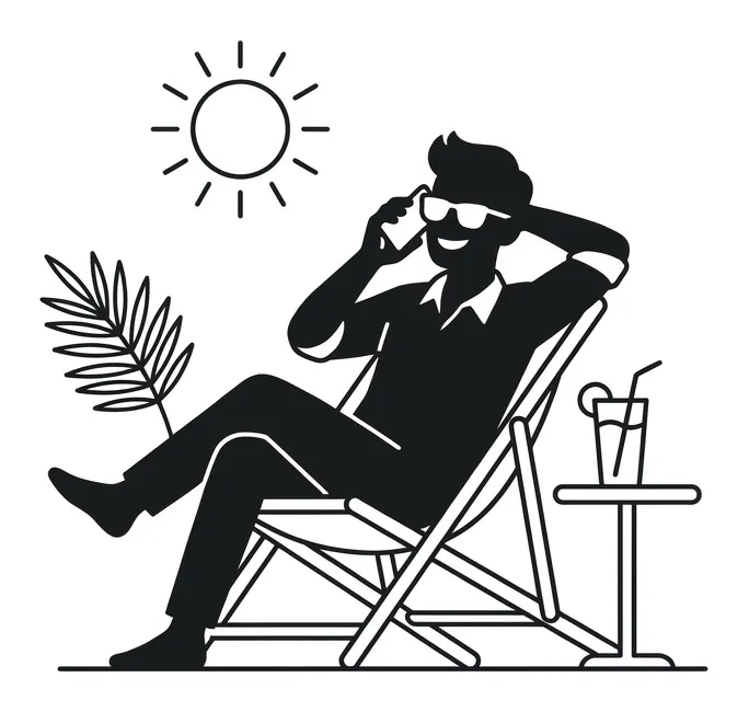 Lealdo relaxing in a beach chair with sunglasses, still answering a call on his day off.
